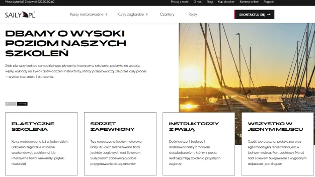 Informacje o szkoleniach i rzeczywiste zdjęcie łodzi na stronie Saily